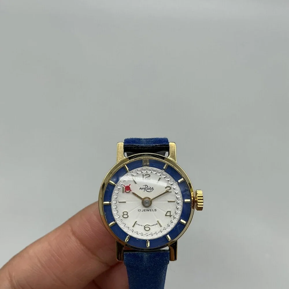 VintageAH Riise Womens Watch 23mm Mystery Dial Blue Bezel 17 Jewels Manual Swiss